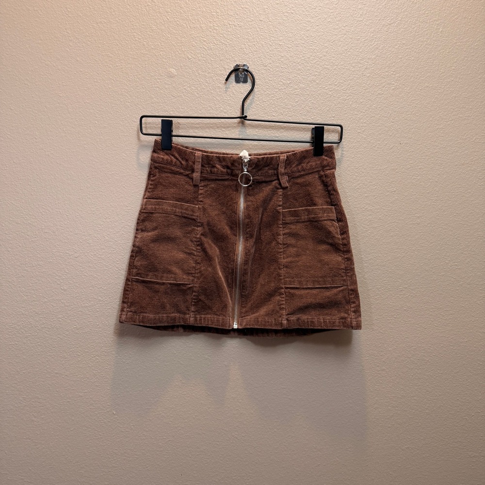 Altar'd State Womens XS Brown Corduroy Mini Skirt Front Zip Ring Pull Pockets